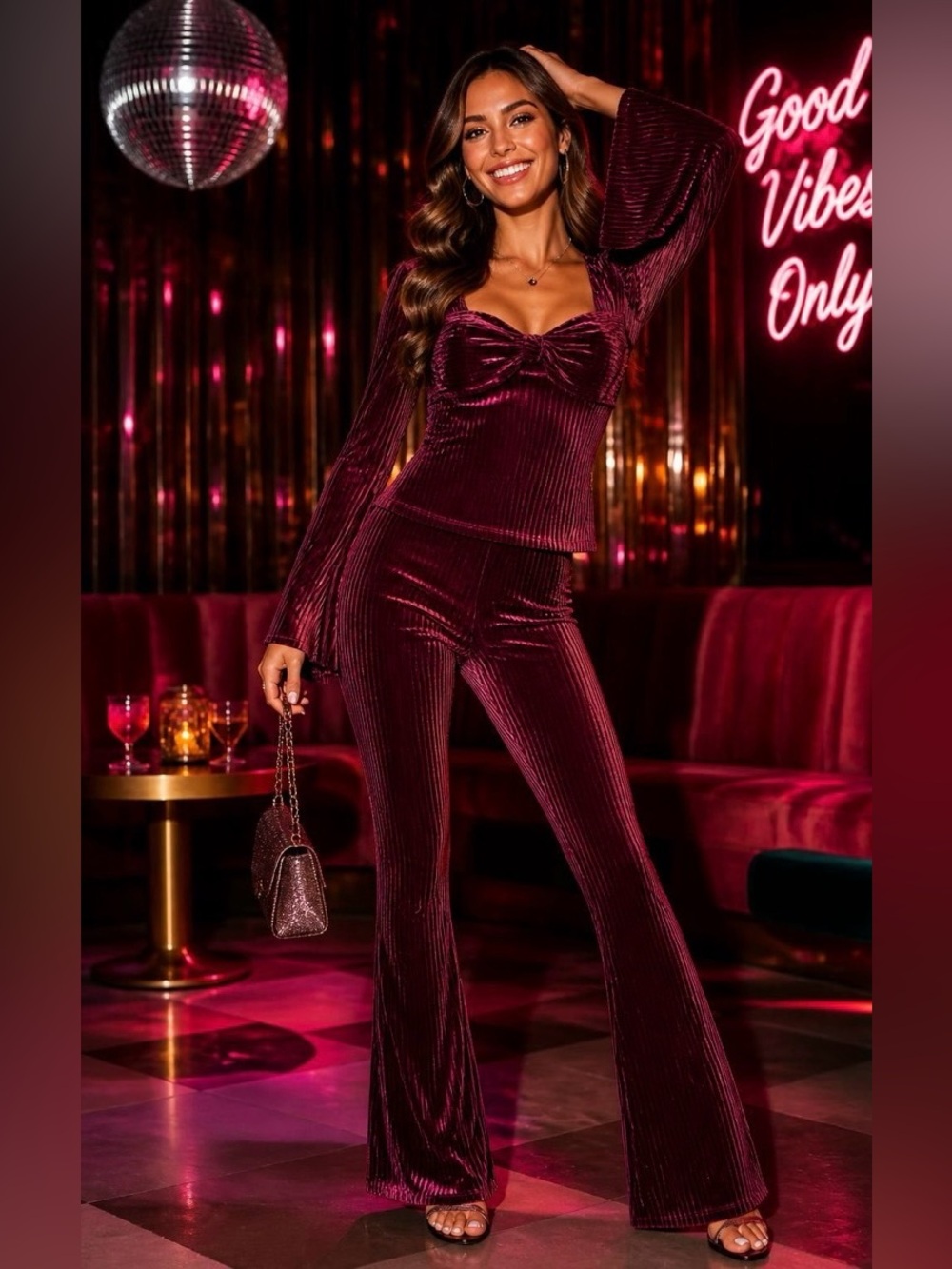 Wildfox Velvet Ribbed Two-Piece Set in Deep Purple Size small